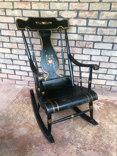 Vintage Painted Rocking Chair, Black Tole Rocker, Decorative Painted, Full Sized Baby Nursery, Rustic Rocker