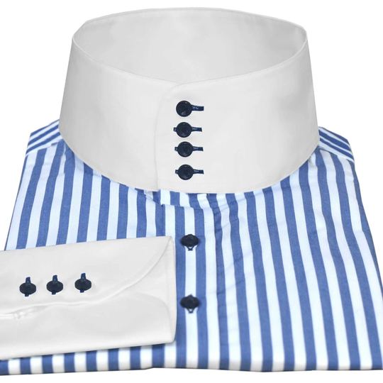 Men Blue Stripes Shirt, Pencil Stripes, High China Mandarin Grandad Collar, 3" Band Collar 4 Buttons, Peaky Blinders