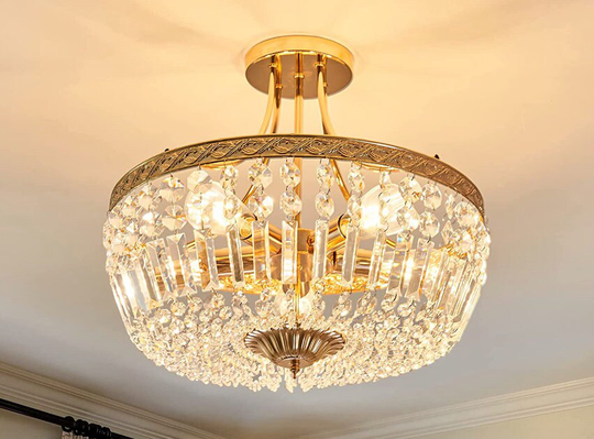Crystal Ceiling Light - 5 Light Flush Mount Industrial Semi Flush Pendant Gold