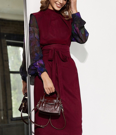 Burgundy Pencil Dress For Women Spring Fall Casual Wear Office Case Long Sleeve Suede Below The Knee