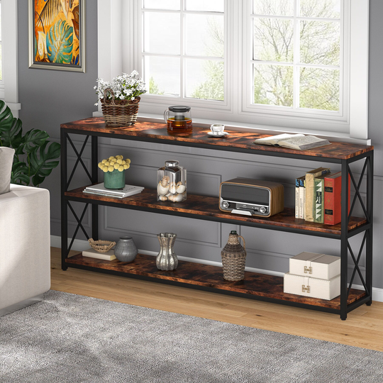 71 Inch Extra Long Console Sofa Table, Industrial 3-tier Behind Couch Table TV Stand with Storage Shelves for Entryway