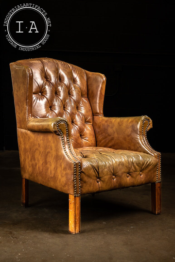 Vintage Tufted Leather Wingback Chair in Camel Brown