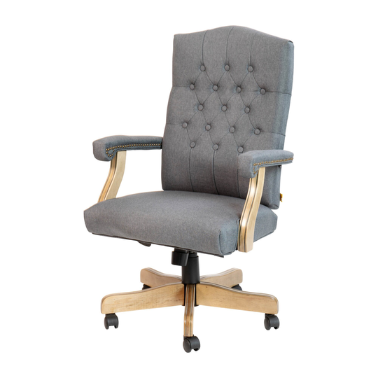 Offex Gray Fabric Swivel Office Chair with Driftwood Arms and Base - 26"W x 28"D x 43" - 47"H