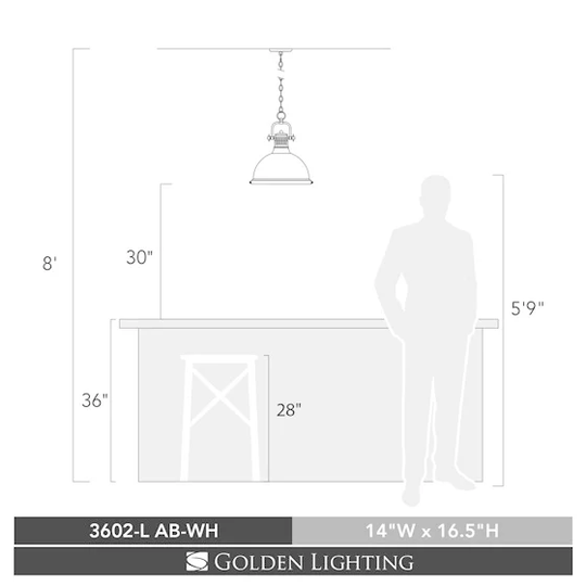 Duncan 1 Light Pendant with Chain in Aged Brass with a White