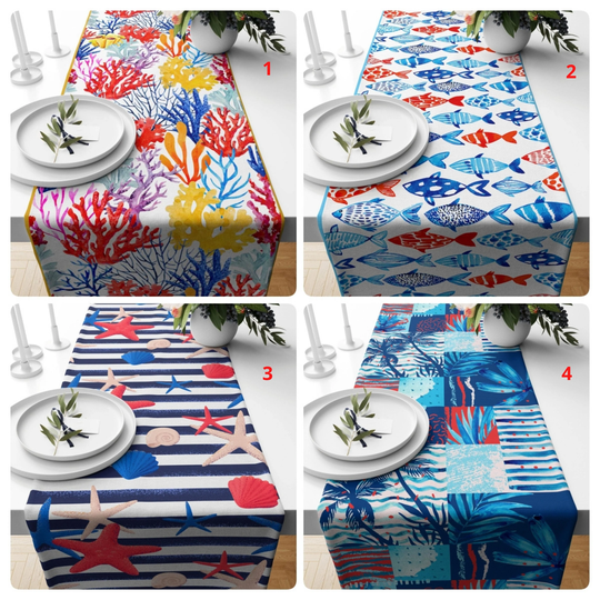 Nautical Table Runner, Fish Top, Decorative Cover, Navy Blue Tablecloth, Starfish Print Decor, Seaweed Home Decor