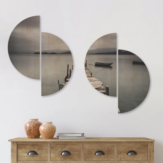 Designart 'Pier and Boats at Seashore' Bridge Wood Wall Art Set of 4 Half Circles - Multi-Color