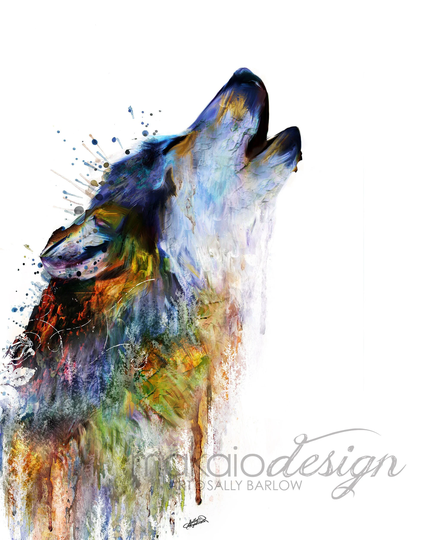 Colorful Howling Wolf Painting Mixed Media Watercolor Double Exposure Landscape Art Print, Canvas, Or Metal