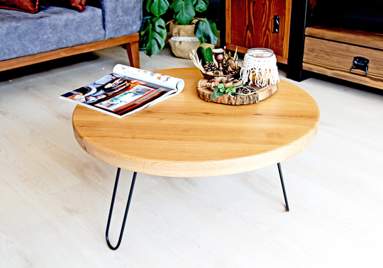Solid Oak Wood Round Coffee Table, Modern Farmhouse Sofa Rustic Side