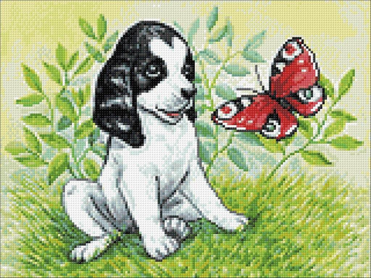 Puppy With Butterfly Diamond Painting Set By Crafting Spark. Little Dog Cs2675 Art Kit. Large Kit