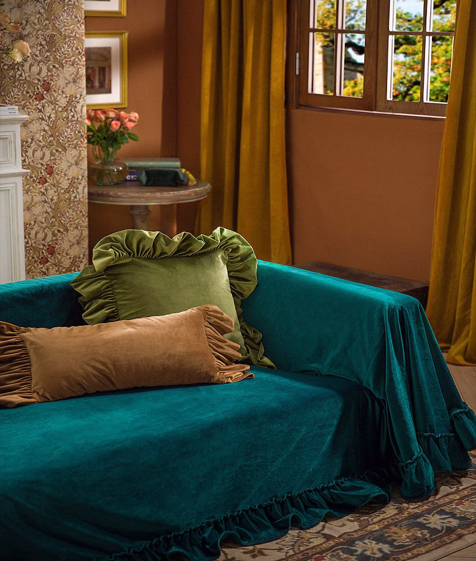 Ruffled Peacock Blue Velvet Sofa Slipcover, 100Colors, Custom Made Cover, 2 Seater Cover, Chaise Lounge Cover
