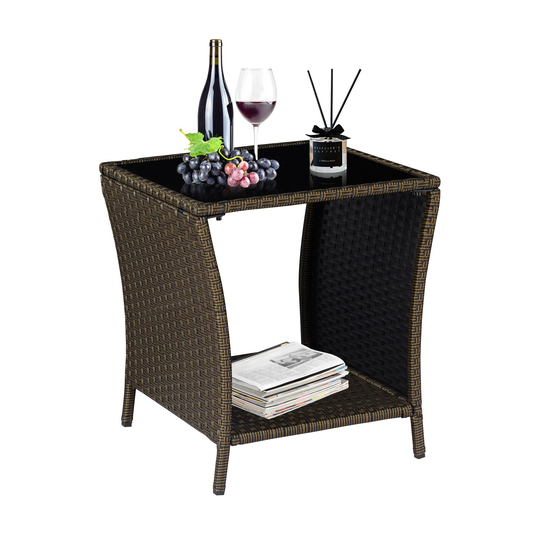 Patio Wicker Rattan Coffee Table, Side Table Outdoor End Table w/ Storage Tempered Glass Top Bistro Table for Porch, Black Gold