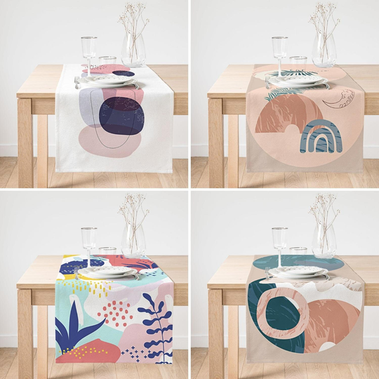 Abstract Boho Table Runner, Peach & Ecru Color Deco, Notional Drawings Tableware, Modern Art Sheet, Home Gift, Minimalist Decor
