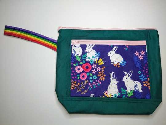 Spring Bunnies On Navy, Small Project Bag, Pencil Pouch, Purse, Case, Handmade, Zippered #0031