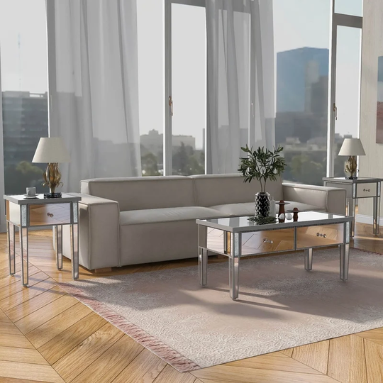 Mirrored Coffee Table and 2 End Tables with Drawers Set of 3