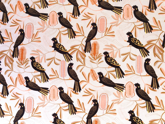 Black Cockatoo in The Bottlebrush Tree Beige Quilting Cotton Fabric By 1/4, 1/2 Yard Or Fat Quarter, Australian Native Bird Floral