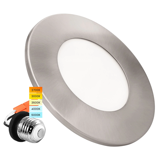 Luxrite 4" LED Recessed Light, 5 Color Selectable, Magnetic Trim, Dimmable, 500 LM, Wet Rated - Nickel