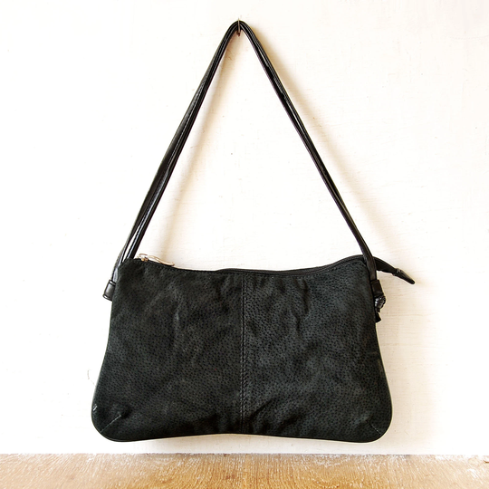 Vintage Woman Handbag, Black Suede Leather Bag, Shoulder Everyday Purse, Straps Bag