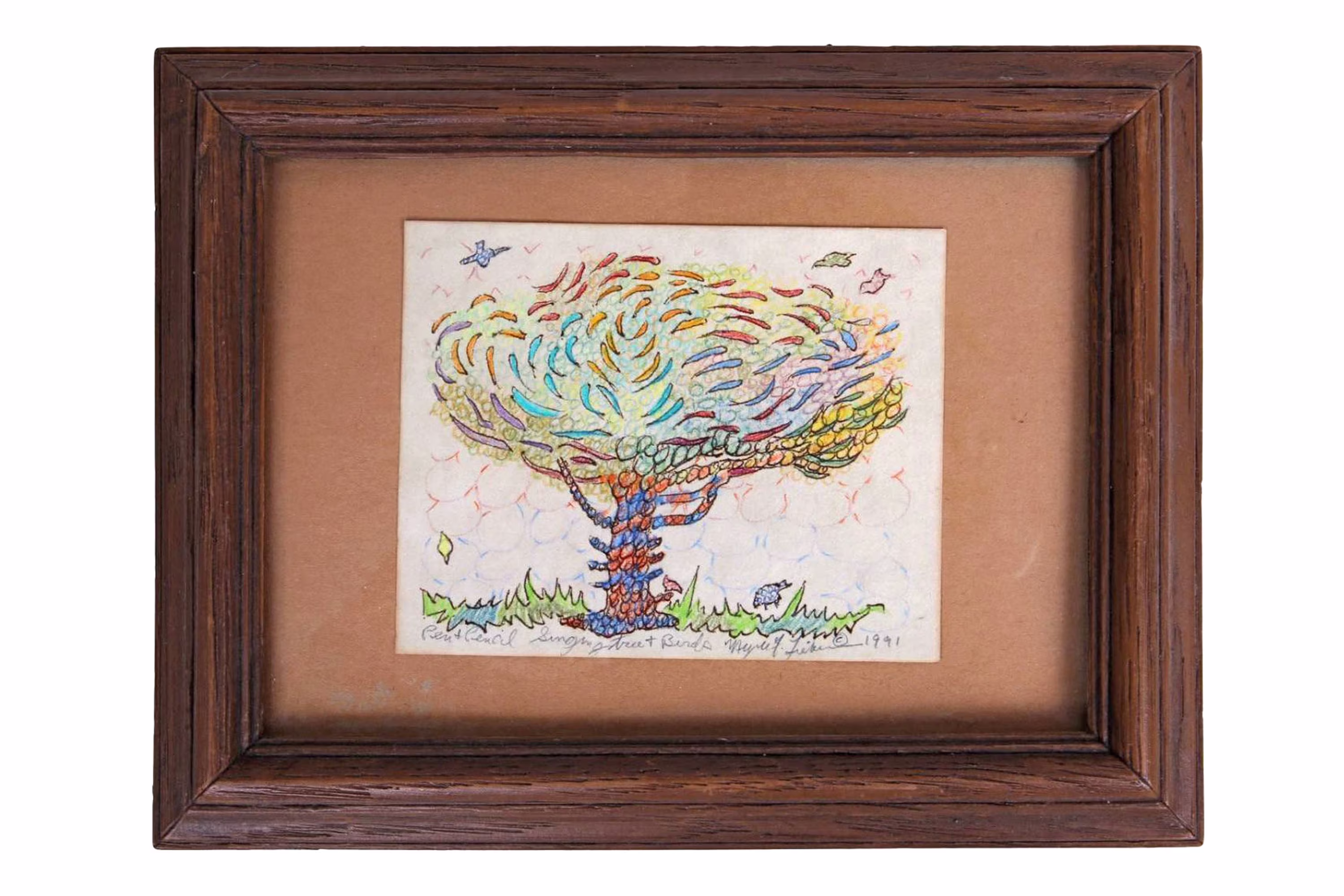 Meyer Frank Lieberman Mixed Media Ink Color Pencil Drawing Painting On Paper, Singing Tree & Birds, 1991 Signed Contemporary Judaica Art