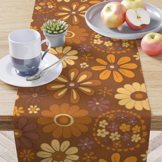Retro 70's Flowers Table Runner, Linens, Vintage Inspired Kitchen Decor, Centerpiece, Housewarming Gift, Decor