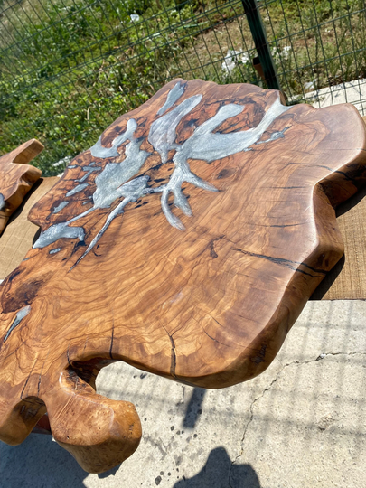 Live Edge Coffe Table, Epoxy Resin, Olive Wood, Hairpin Legs