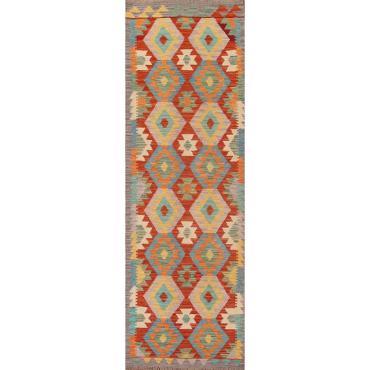 Geometric Kilim Oriental Runner Rug Flat-weave Multi-Color Wool Carpet - 2'9" x 9'9"