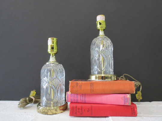 Vintage Glass Lamps // Pair Of Small Table Lamps, Faux Crystal Petite Vanity Boudoir Lighting, Boho Clear & Gold Bedside Lighting