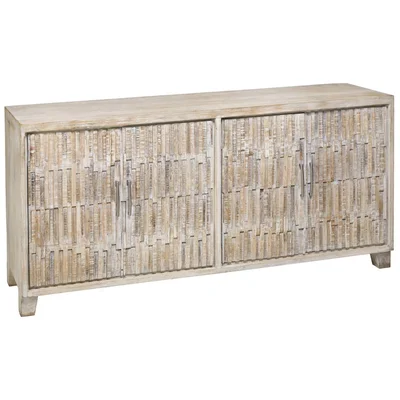 80 Inch Distressed White Stacked Planks 4 Door Sideboard Accent Cabinet 3-D