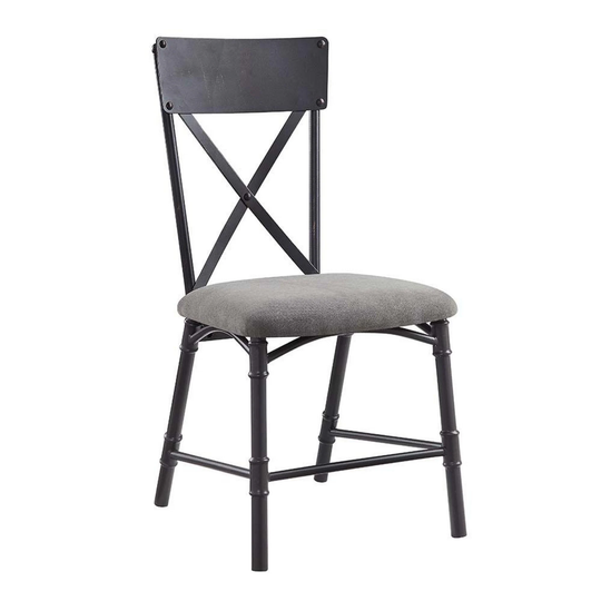 21 Inch Metal Dining Side Chair, Fabric Seat, X Back, Set of 2, Gray