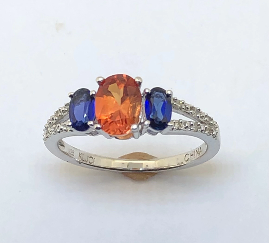 College Colors Ring 3 Stone 12 - Diamond Uva Virginia Auburn Florida Syracuse Boise State Created Orange & Blue Sapphire University