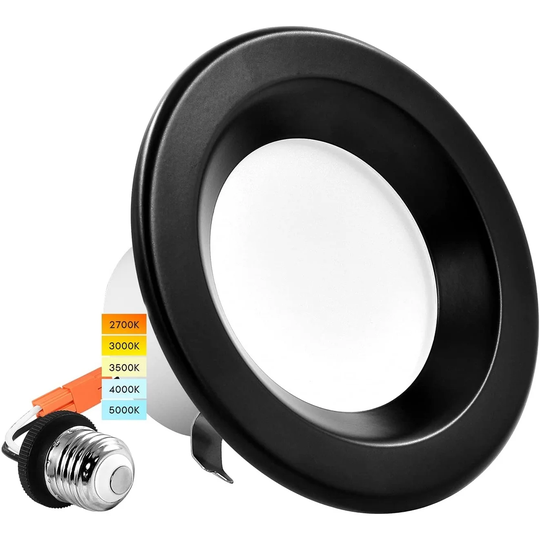 Luxrite 4" LED Recessed Can Lights 10W=60W 5 Color Selectable Dimmable Retrofit Downlights Wet Rated Black Trim IC Rated