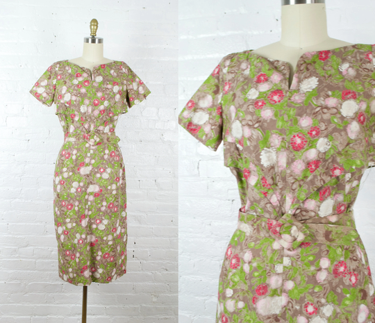 1950S Floral Dress . Vintage 50S Cocktail Party Pencil Medium