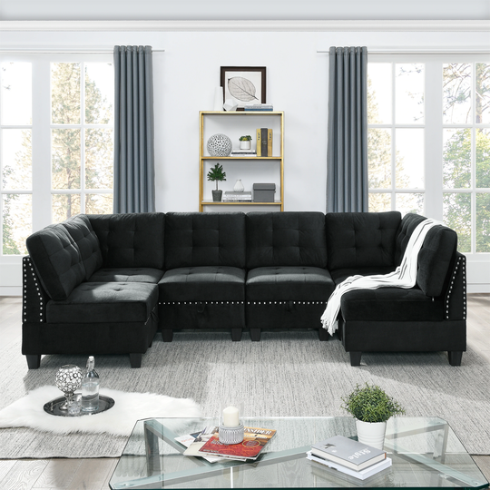 Nestfair Black Velvet U-shape Sectional Sofa with Copper Nails