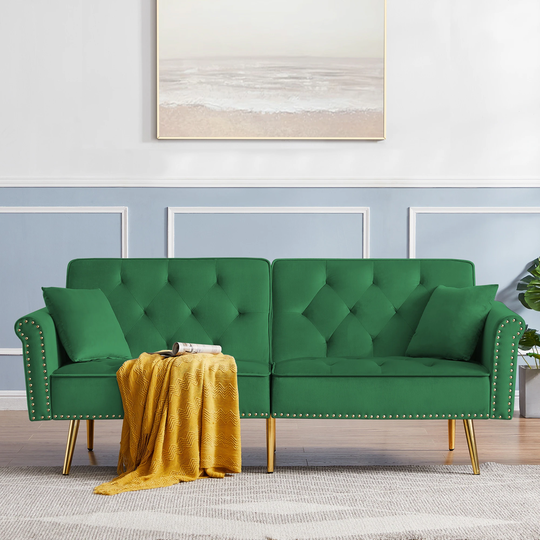 Modern Velvet Tufted Sofa Couch with 2 Pillows and Nailhead Trim, Loveseat Sofa Futon Sofa Bed with Metal Legs for Living Room.