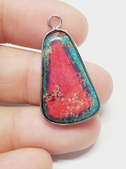 Color Splash Sea Sediment Jasper Bell Drop Silver Plated Pendant, Vibrant Colors, Bright, Stone, Drop