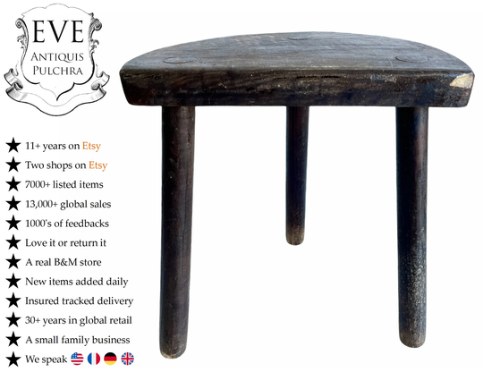 Vintage French Simple Stool Chair Seat Wooden Wood Milking Kitchen Table Farm D Shaped Plant Rest Stand Plinth Tabouret C1970's/Eve