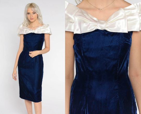 Blue Velvet Dress 80S Party Midi Off Shoulder Bow Cocktail Pencil Wiggle Glam Retro Going Out Formal Vintage 1980S Small S