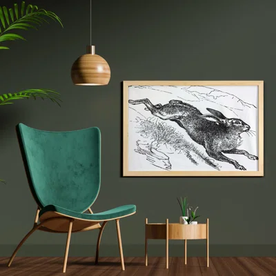 Ambesonne Bunny Wall Art With Frame, Pencil Sketch Drawing Of A Mountain Hare Running Down The Hill Art, Printed Fabric Poster For Bathroom Living Roo