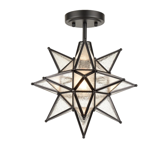 Spoleto Black Moravian Star Ceiling Light W/ Etched Glass Shade - 13-Inch Diameter