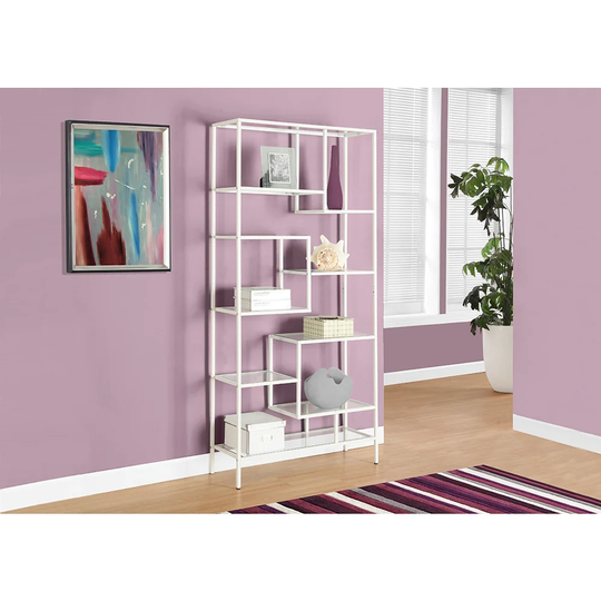 Bookshelf, Bookcase, Etagere, 72"H, Office, Bedroom, Metal, Tempered Glass, White, Clear, Contemporary, Modern