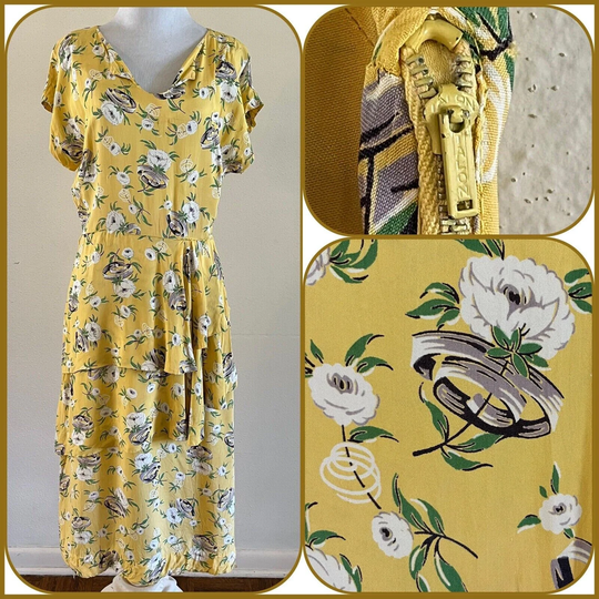 30S Cold Rayon Tiered Double Peplum Floral Novelty Print Sweetheart Day Dress Art Deco Hawaiian Pin Up Bombshell Distressed As Is/Project