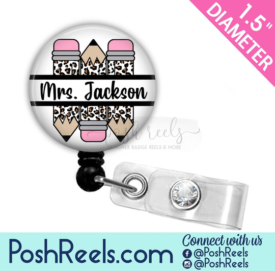 Teacher Badge Reel Holder - Retractable Leopard Print Pencil Lanyard Lanyard, Carabiner 2262