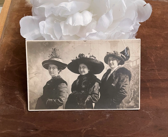 Antique Postcard W Pretty Lady Fashionistas in Big Large Hats, Rppc Real Photo Postcard, Early 1900S, Black & White Fashion Vintage
