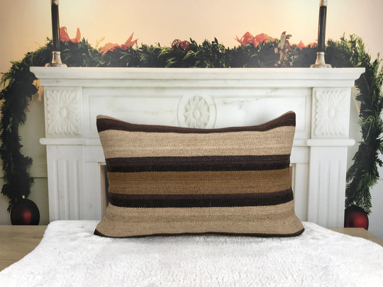 Armchair Lumbar, Kilim Sofa Pillow, Throw Decor Beige Brown Hand Woven Natural Pillow Case, 16x24 Cover, 2375