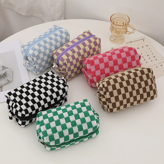 Checkerboard Knitted Pencil Case, Large-Capacity Simple Stationery Bag, Plaid Make Up School Supplies