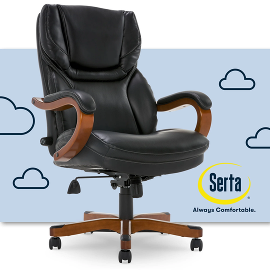 Serta Conway Big and Tall Executive Office Chair with Wood Accents, Black Bonded Leather