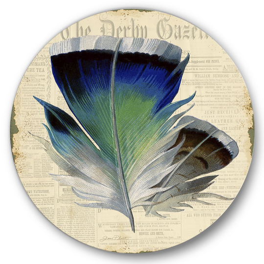 Designart 'Colorful Elegant Feather On Old Style Newspaper I' Cottage Metal Circle Wall Art