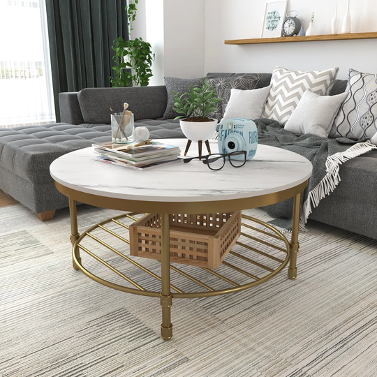 2-Tier Round Coffee Table with Storage Open Shelf, 35" Wooden Industrial Sofa Cocktail Table Farmhouse Coffee Table