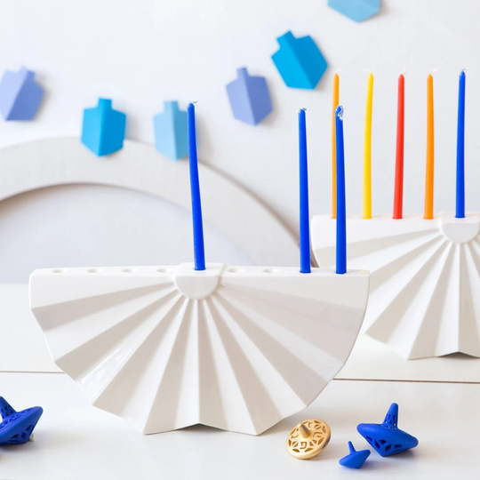 Modern Hanukkah Menorah- White Ceramic Chanukia - Contemporary Judaica, Origami Menorah Handmade in Israel