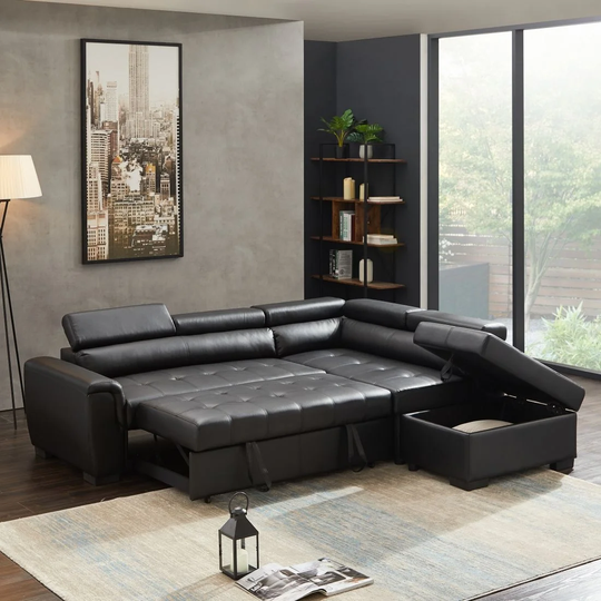 95 in. W Square Arm 3-piece Faux Leather L Shaped Convertible Sectional Sofa in with Storage