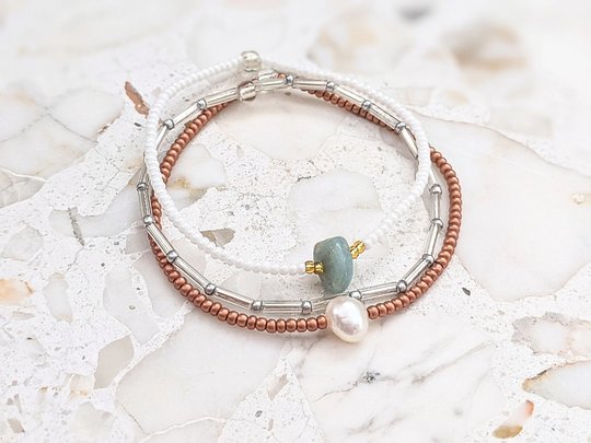 Bracelet Set, Gemstone Bracelet, Seed Bead Stretch Minimalist Beaded Dainty Stack, Pearl